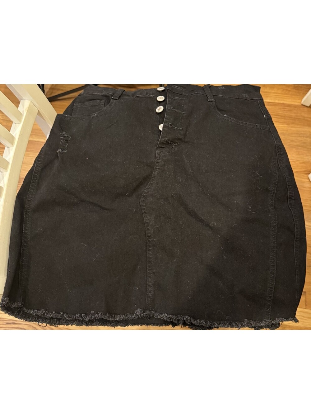 Womens Black Denim Jean Buttonfly Skirt Large Knee Length